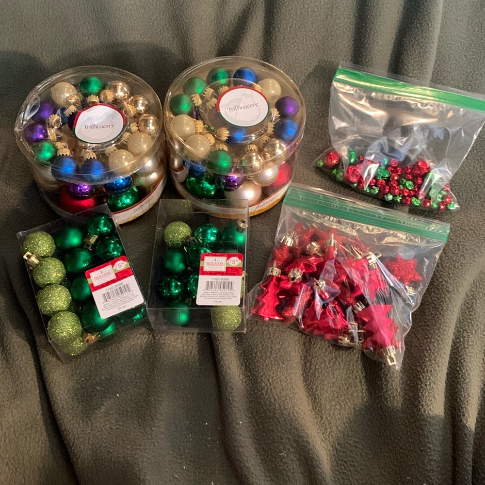 NIB miniature ornaments (3). 1 box not all. 1 bag red. 1 bag jingle bells